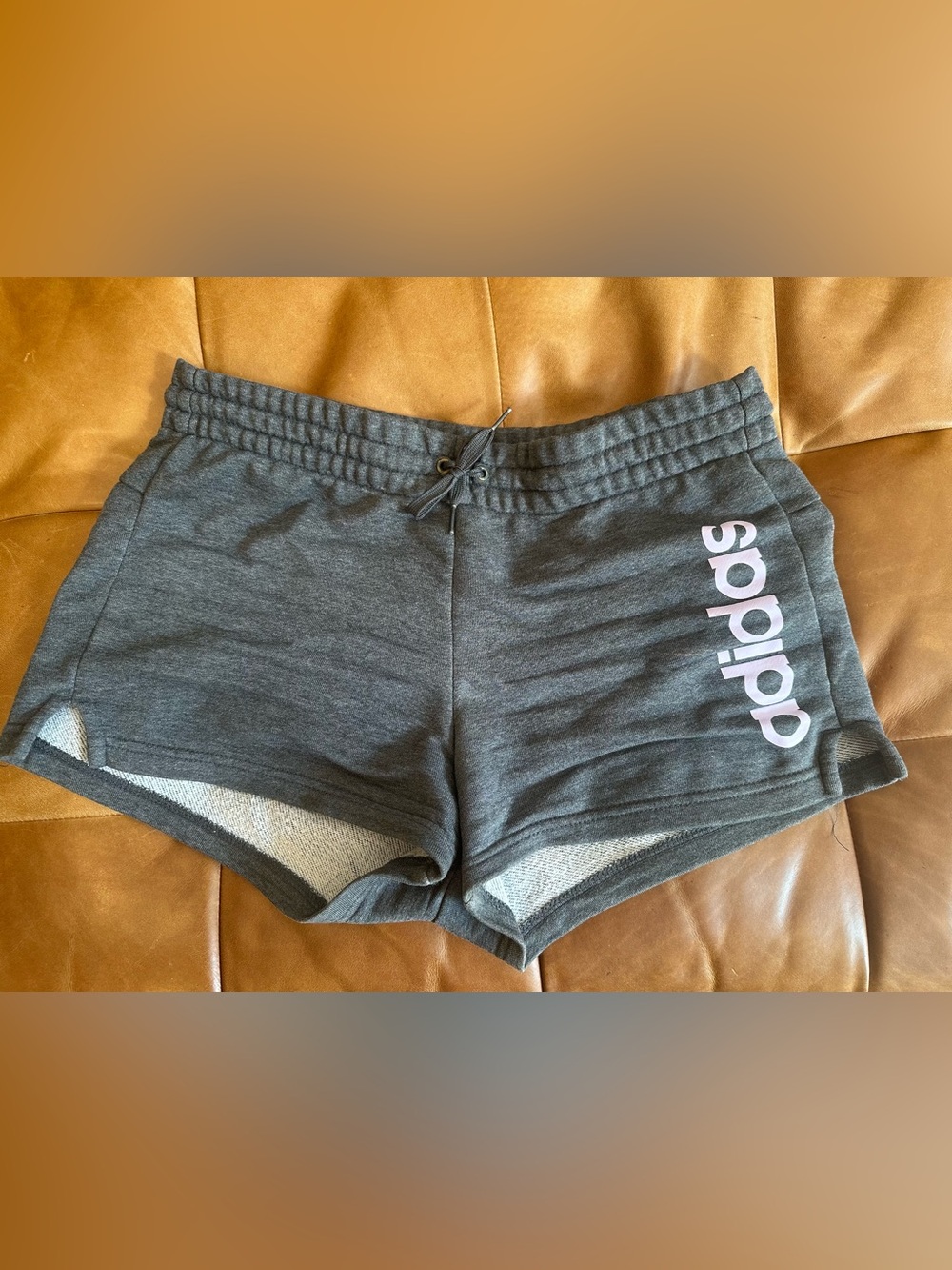 Adidas Essentials Sweat Shorts - Dark Heather Grey + Lavender Logo - Size Small